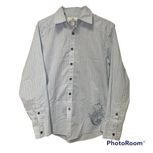 Level Ten Mens Medium Light Blue Striped Button Up Shirt Long Sleeve Graphic